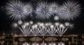 Spectacular white fireworks display over historic bridge at night Royalty Free Stock Photo