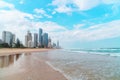 Beautiful wide panoramic view of the Gold Coast skyline and Surfers Paradise beach with rolling waves of Pacific ocean. Royalty Free Stock Photo