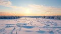 Spectacular Winter Sunrise Over Snowy Field In Rural Finland