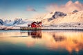 Spectacular winter sunrise on small fishing village - Ramberg, Lofoten Islands, Norway Royalty Free Stock Photo