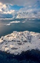 Spectacular winter view from flying drone of Sandvika bay, Leknes, Norway, Europe. Royalty Free Stock Photo