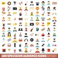 100 spectator audience icons set, flat style