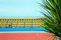 Spectator tribune in a stadium with yellow seats through a grid with a palm tree in foreground. Royalty Free Stock Photo