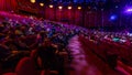 Spectators gather in the auditorium and watch the show in theatre timelapse. Large hall with red armchairs seats