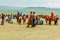 Spectators with horses, Nadaam horse race, Mongolia