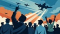 Spectators point and cheer as classic warplanes streak through the sky their silhouettes instantly recognizable to those Royalty Free Stock Photo