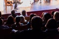 Spectators at a theater performance, in a cinema or at a concert. Shooting from behind. The audience in the hall