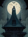 A spectral angel bathed in eerie moonlight crowns a roof of snowtopped gables Gothic art. AI generation