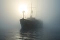 spectral ghost ship at foggy morning or evening. Neural network generated image Royalty Free Stock Photo