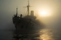 spectral ghost ship at foggy morning or evening. Neural network generated image Royalty Free Stock Photo