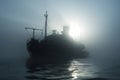 spectral ghost ship at foggy morning or evening. Neural network generated image Royalty Free Stock Photo