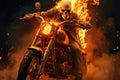 Spectral human skeleton races on a flaming motorbike, an infernal spectacle