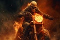 Spectral human skeleton races on a flaming motorbike, an infernal spectacle