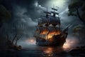 Spectral Pirate sailing ghost ship sunshine. Generate Ai Royalty Free Stock Photo