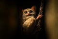 Spectral Tarsier, Tarsius spectrum, portrait of rare endemic nocturnal mammals, small cute primate in large ficus tree in jungle,