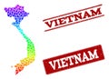 Dotted Spectrum Map of Vietnam and Grunge Stamp Seals