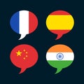 Speech ballon and bubble with national flags - french, spanish, mandarin chinese and indian hindi.