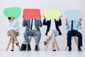 Speech bubble chat, social media marketing and business people working in recruitment, networking in line and Royalty Free Stock Photo