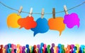 Speech bubble. Communication crowd large group of people talking. Colored clouds. Chatter network. Dialogue between diverse people Royalty Free Stock Photo