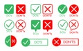 Speech bubble with Do or dont signs. Badges tick and cross icons, concept quiz mark, symbols for check list with