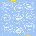 Speech bubble doodles set. Hand-drawn comic dialog clouds. Cartoon speech balloons with hearts, zigzag elements, stars, triangles Royalty Free Stock Photo