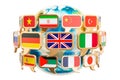 Speech bubble with flags around Earth Globe, 3D rendering Royalty Free Stock Photo