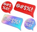 Speech bubble grawlix signs set. Red and holographic censure dialog clouds. 3D rendering. Royalty Free Stock Photo