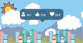 Speech bubble with heart, profile, thumbs up icons and increasing numbers against cityscape