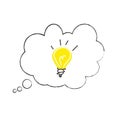 Speech bubble light lamp. Concept of idea and innovation with light bulb. Bright business Idea in hand drawn speech bubble. Royalty Free Stock Photo