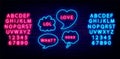 Speech bubble neon signs set. Love and xoxo text. Lol. Blue and pink alphabet. Vector illustration Royalty Free Stock Photo