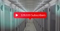 Speech bubble with subscribers text with increasing numbers against empty server room Royalty Free Stock Photo