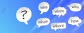 Speech bubble with text questions Who What Where When Why How and question mark. Investigate analyze and solve various questions. Royalty Free Stock Photo