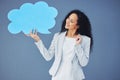 Speech bubble, thought and comment icon by businesswoman thinking with mockup, product placement. Vote, opinion and