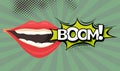 Speech Bubble with Woman lips in Pop-Art Style. Boom sound text.