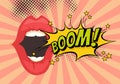 Speech Bubble with Woman lips in Pop-Art Style. Boom sound text.