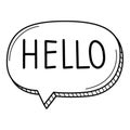 A speech bubble with the word Hello in the doodle style. Hand-drawn black and white vector illustration. Design elements are Royalty Free Stock Photo