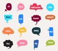 Speech bubbles. Cartoon clouds with interrogative and greeting short phrases. Frames with words of agreement and