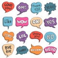 Speech bubbles. Colorful doodle comic balloons with talk phrases thank you, love, like, hello and omg. Cartoon message