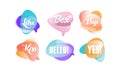 Speech Bubbles with Dialog Words, Like, Best, Hello, Bye, Kiss, Yes Vector Illustration