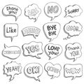 Speech bubbles with dialog words. Sketch bubble different shapes with message, short phrases thank you, bye, ok, omg
