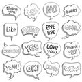 Speech bubbles with dialog words. Sketch bubble different shapes with message, short phrases thank you, bye, ok, omg, wow, lol