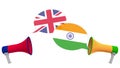 Speech bubbles with flags of India and the United Kingdom. Intercultural dialogue or international talks related 3D Royalty Free Stock Photo