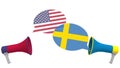 Speech bubbles with flags of Sweden and the USA. Intercultural dialogue or international talks related 3D rendering Royalty Free Stock Photo