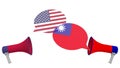 Speech bubbles with flags of Taiwan and the USA and loudspeakers. Intercultural dialogue or international talks related Royalty Free Stock Photo