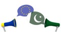 Speech bubbles with flags of Pakistan and the European Union EU. Intercultural dialogue or international talks related Royalty Free Stock Photo