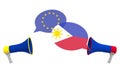 Speech bubbles with flags of Philippines and the European Union EU. Intercultural dialogue or international talks