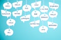 Speech bubbles with greeting words in foreign languages on light blue background Royalty Free Stock Photo