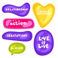 Speech bubbles about love and relationship. Collection of vector tickets, labels, stamps, stickers, corners, tags on white