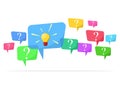 Speech bubbles with multicolored question marks and light bulbs symbolize thoughts Royalty Free Stock Photo