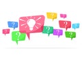 Speech bubbles with multicolored question marks and light bulbs symbolize thoughts Royalty Free Stock Photo